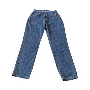 Vtg Mickey & Co Womans Embroidered Blue Denim Jeans 90s High Rise Straight